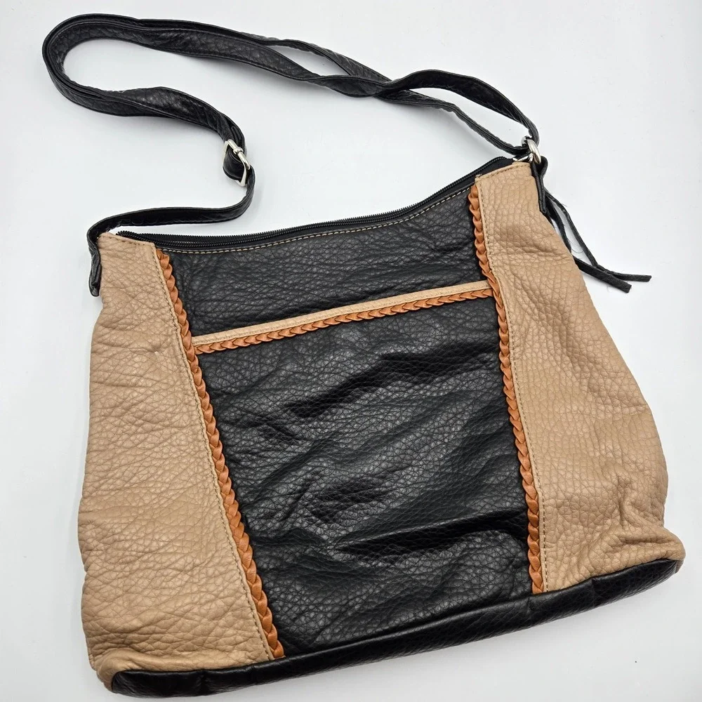 MARC FISHER Dark Brown Tan Pebbled Leather adj. Strap outer Pocket Purse Braided